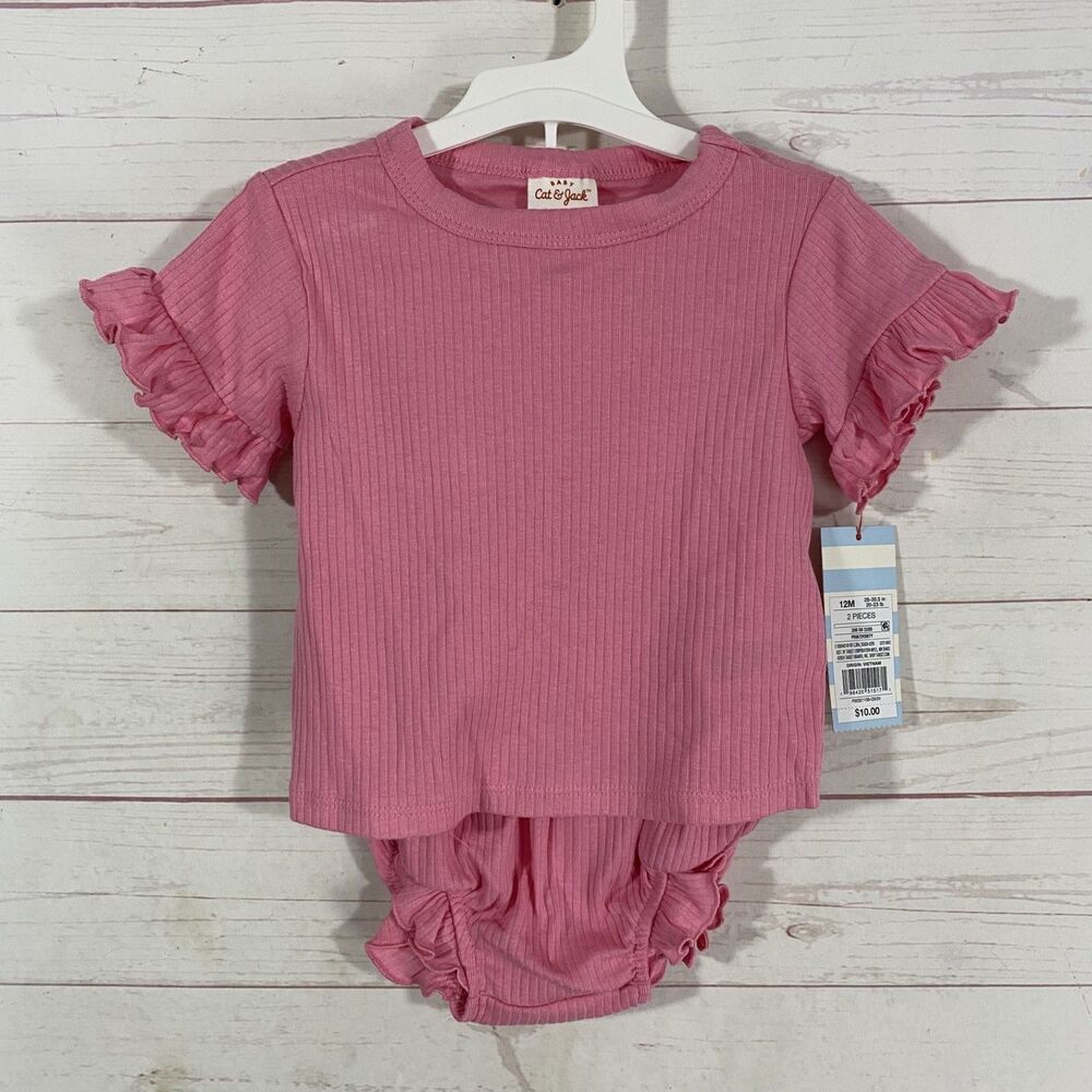 Cat & Jacket Baby Girls Short Sleeve 2 Piece Set Size 12 Months Pink Ruffled New